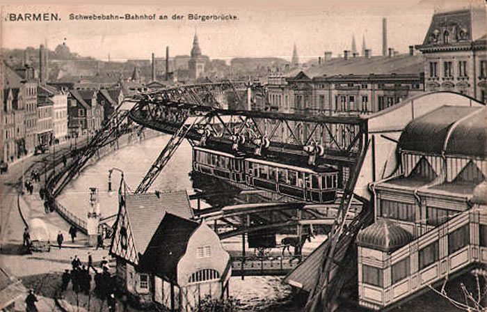Die Schwebebahn an der Bürgerbrücke in Barmen 1908